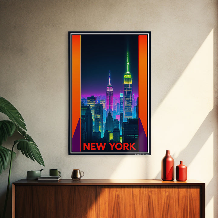 New York Travel Poster, Framed Canvas Print, Neon Skyline Art Wall Art, New York Travel Art, Vintage City Poster, Vintage City Art
