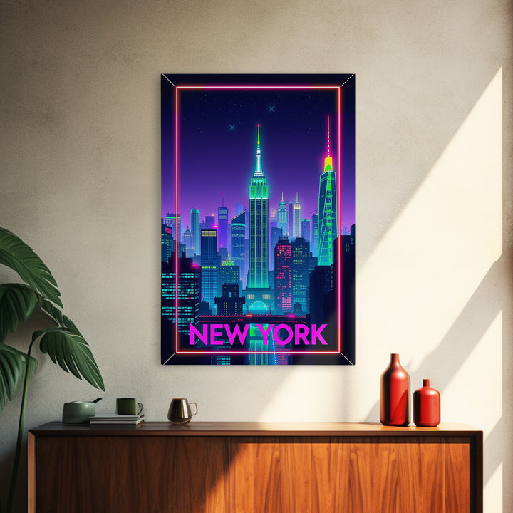 New York Travel Poster, Framed Canvas Print, Electric Night Poster Art, New York Art Print, Living Room Wall Art, Travel Poster Art