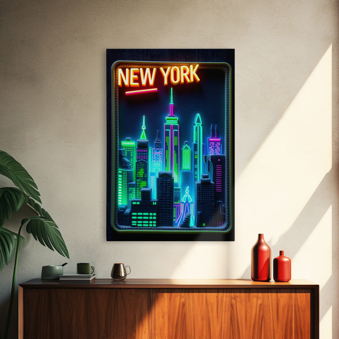 New York Travel Poster, Framed Canvas Print, Cyberpunk Style City Art, New York Poster Print, Gift For Travelers, Home Office Decor