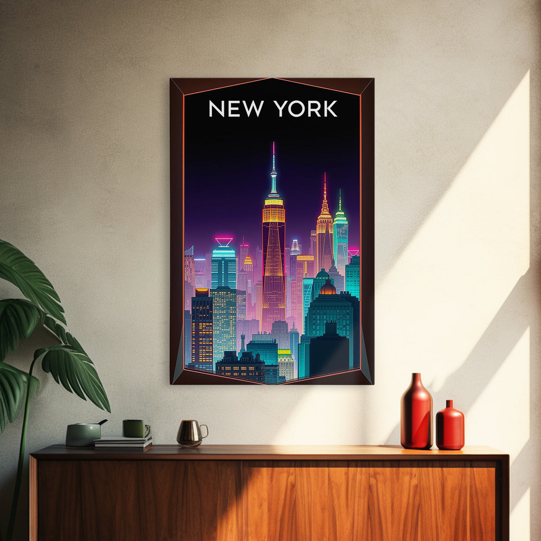 New York Travel Poster, Canvas Print, Retro Neon Travel Art, New York City Art, Vintage City Poster, Fine Art Print, City Art Print
