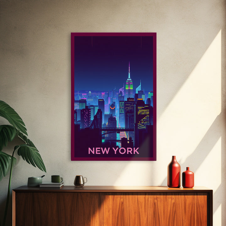New York Travel Poster, Framed Canvas Print, Retro Neon Travel Art, New York City Art, City Illustration, Travel Poster Art, City Poster
