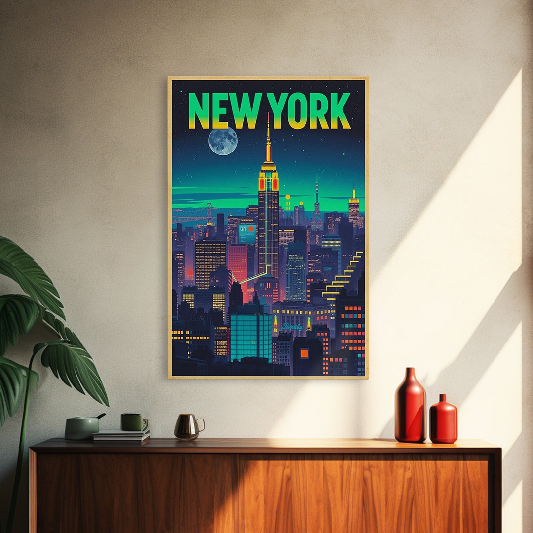 New York Travel Poster, Canvas Print, Retro Neon Travel Art, New York City Art, Travel Wall Art, Mid Century Wall Art, Vintage Travel Print