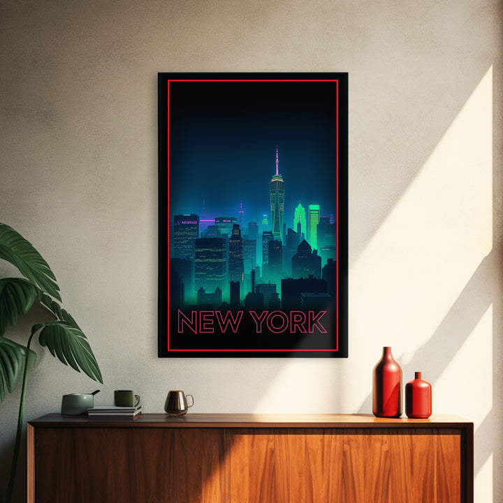 New York Travel Poster, Framed Canvas Print, Cyberpunk Style City Art, New York Poster Print, Fine Art Print, Vintage City Poster