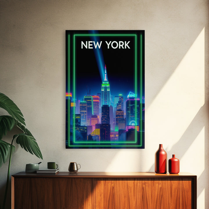 New York Travel Poster, Framed Canvas Print, Retro Neon Travel Art, New York Wall Art, Vintage City Art, Vintage Travel Print, Design 3