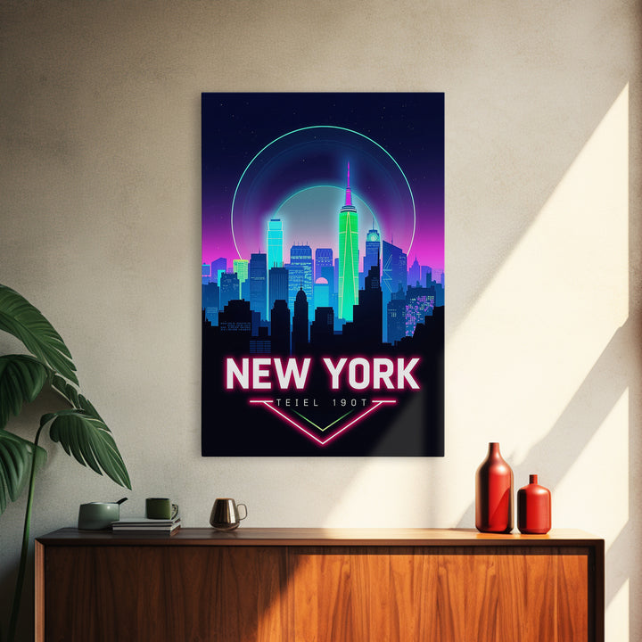 New York Travel Poster, Framed Canvas Print, Cyberpunk Style City Art, New York City Art, Living Room Wall Art, Travel Wall Decor