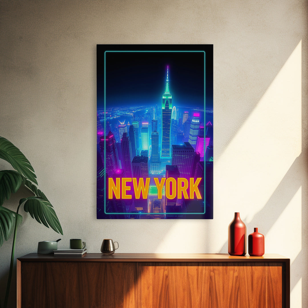 New York Travel Poster, Canvas Print, Neon Cityscape Wall Art, New York Wall Art, City Illustration, Mid Century Wall Art, City Art Print