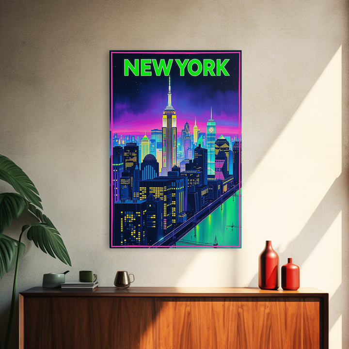 New York Travel Poster, Framed Canvas Print, Retro Neon Travel Art, New York Art Print, City Travel Prints, Fine Art Print, Art Print