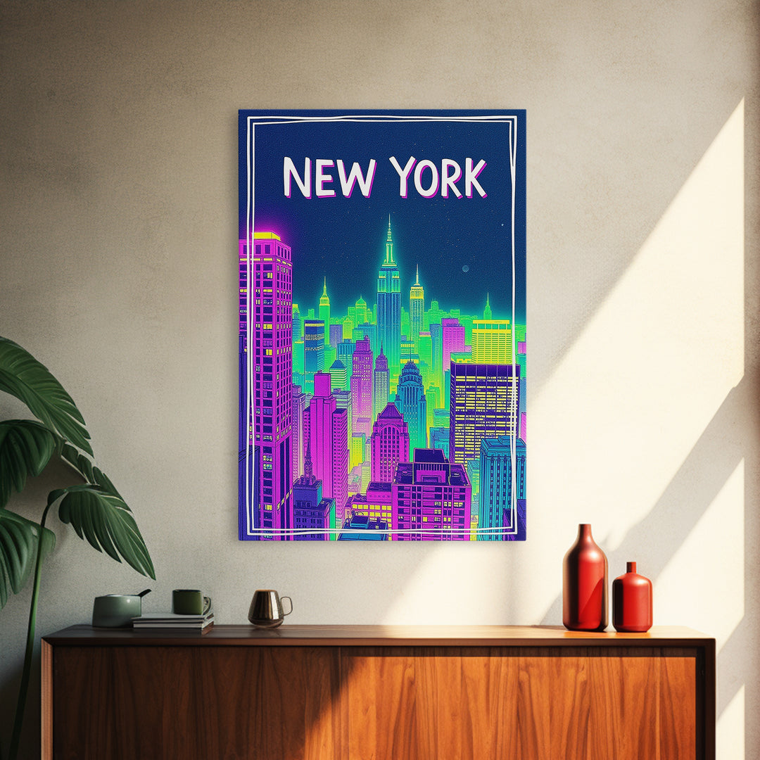 New York Travel Poster, Canvas Print, Neon Downtown Skyline Wall Art, New York City Art, Wanderlust Decor, Travel Wall Decor, Wall Decor