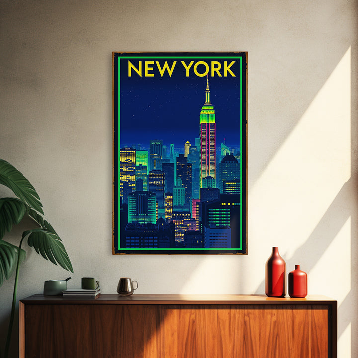 New York Travel Poster, Framed Canvas Print, Neon Downtown Skyline Wall Art, New York Wall Art, Gift For Travelers, Travel Wall Decor