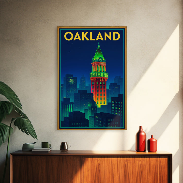 Oakland Travel Poster, Framed Canvas Print, Cyberpunk Style City Art, Oakland Poster Print, Travel Wall Decor, Wanderlust Decor