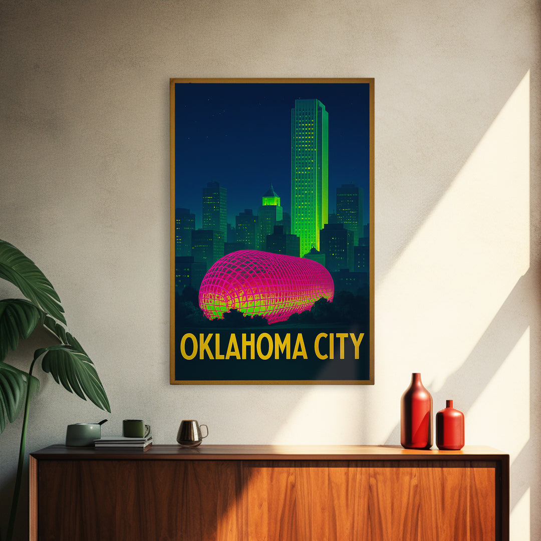Oklahoma City Oklahoma Travel Poster, Canvas Print, Retro Neon Travel Art, Oklahoma City Art Print, Eclectic Wall Decor, City Illustration