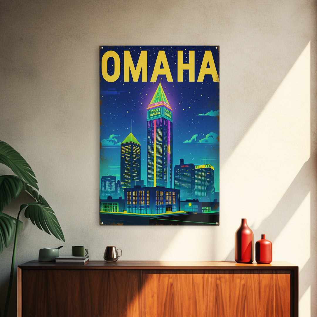 Omaha Travel Poster, Framed Canvas Print, Retro Neon Travel Art, Omaha Travel Art, Eclectic Wall Decor, City Art Print, Fine Art Print
