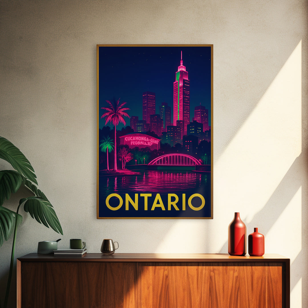 Ontario California Travel Poster, Canvas Print, Neon Urban Skyline Wall Art, Ontario City Art, Office Decor, City Illustration, City Poster