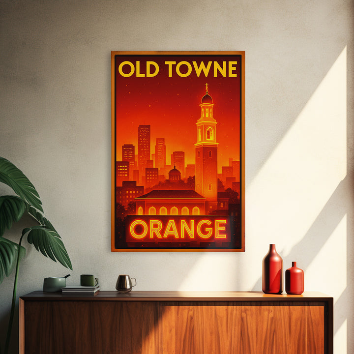 Orange Travel Poster, Framed Canvas Print, Retro Neon Travel Art, Orange Travel Art, Watercolor Downtown Skyline, Travel Poster Set