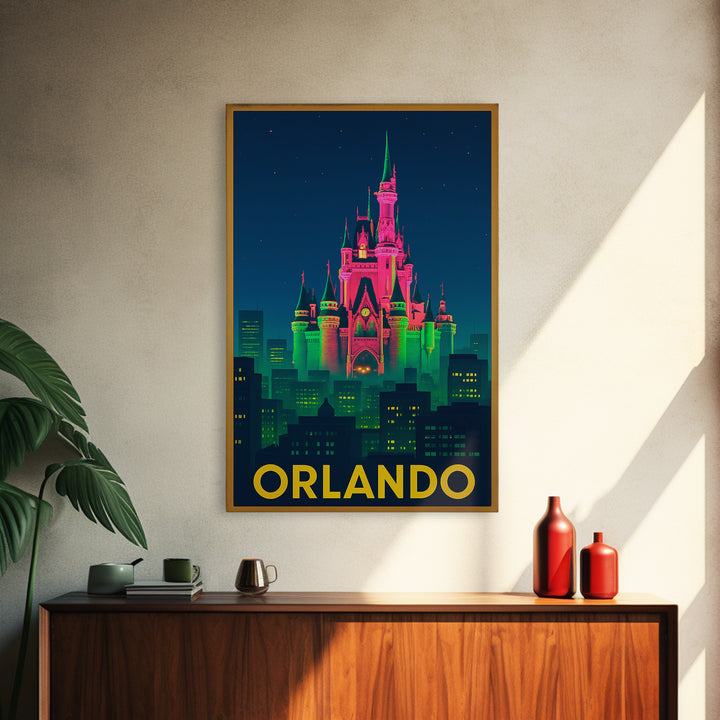 Orlando Florida Travel Poster, Canvas Print, Neon Urban Skyline Wall Art, Orlando Wall Art, Home Office Decor, Retro Travel Print, Art Print