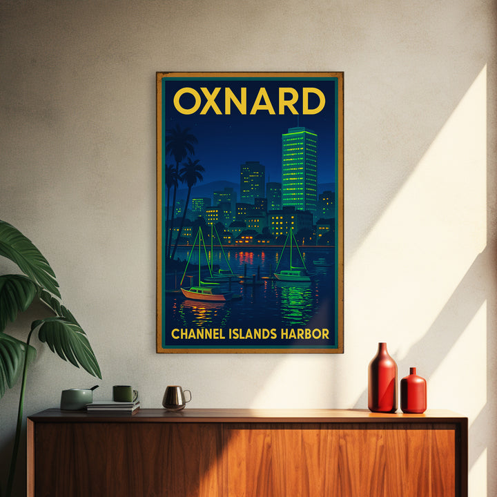 Oxnard Travel Poster, Canvas Print, Retro Neon Travel Art, Oxnard City Art, City Art Print, Modern Wall Decor, City Travel Prints