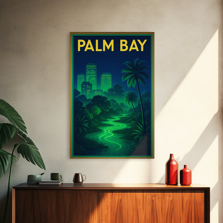 Palm Bay Travel Poster, Framed Canvas Print, Electric Night Poster Art, Palm Bay City Art, Travel Wall Art, City Travel Prints