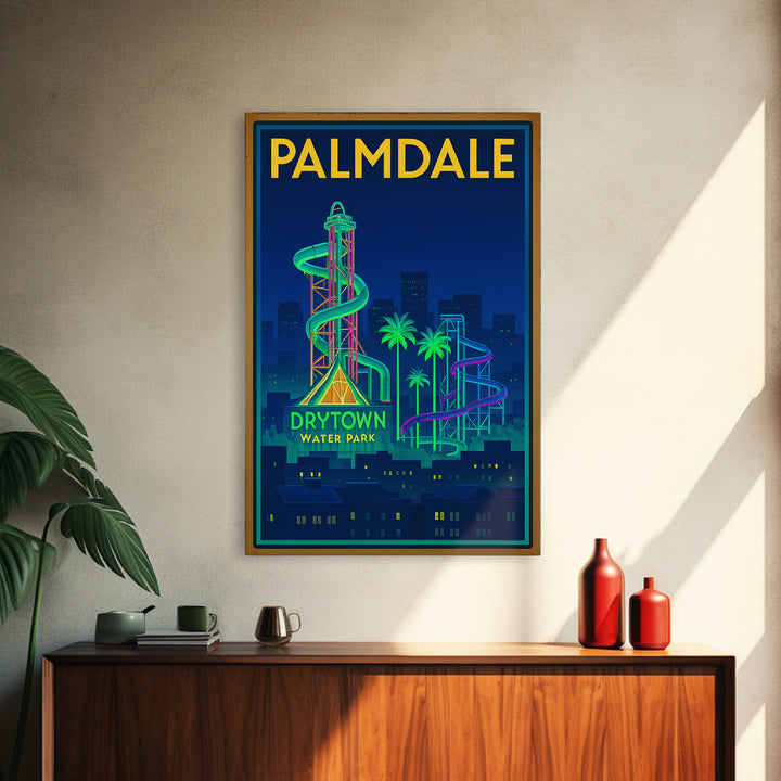 Palmdale Travel Poster, Framed Canvas Print, Neon Skyline Wall Art, Palmdale City Art, Vintage City Art, Mid Century Wall Art