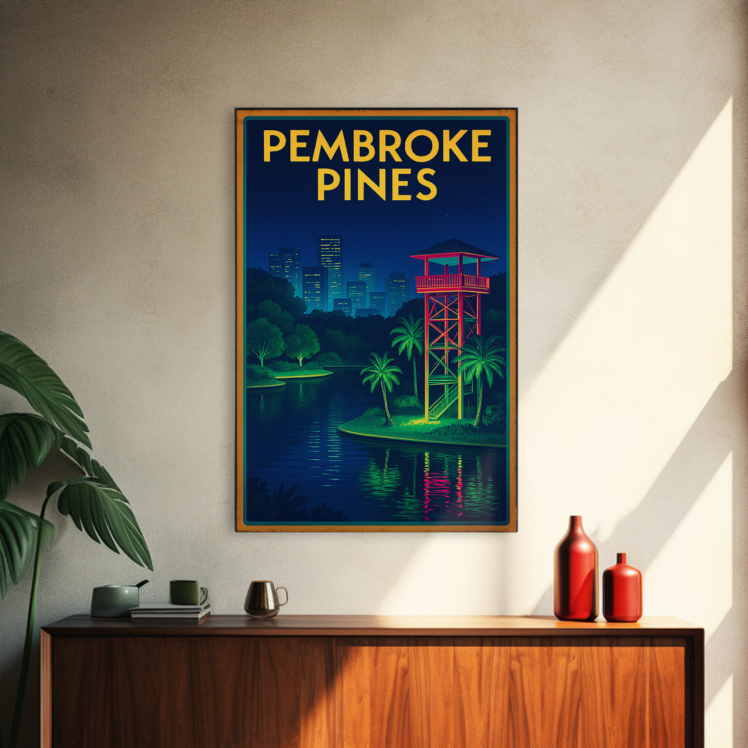 Pembroke Pines Travel Poster, Framed Canvas Print, Electric Night Poster Art, Pembroke Pines City Art, Mid Century Wall Art, Travel Gift