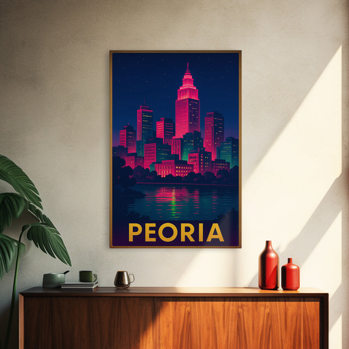 Peoria Travel Poster, Canvas Print, Electric Night Poster Art, Peoria Art Print, Vintage City Poster, City Illustration, City Travel Prints