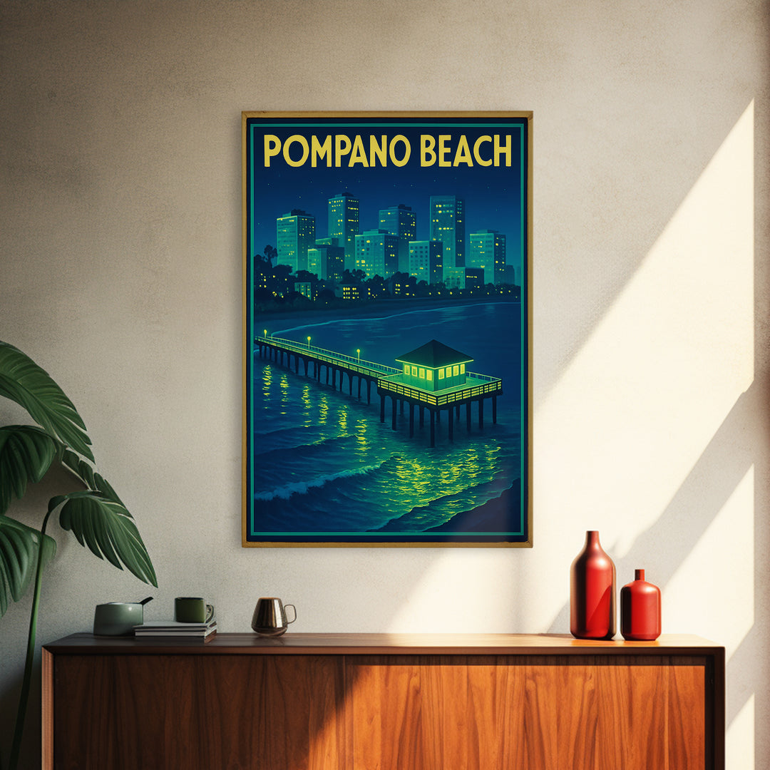 Pompano Beach Travel Poster, Canvas Print, Electric Night Poster Art, Pompano Beach Poster Print, Travel Art Print, Gift For Travelers