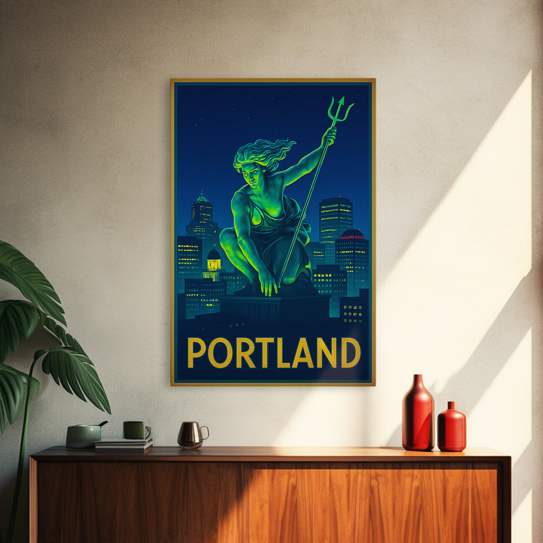 Portland Oregon Travel Poster, Framed Canvas Print, Retro Neon Travel Art, Portland Travel Art, Home Office Decor, Retro Travel Print