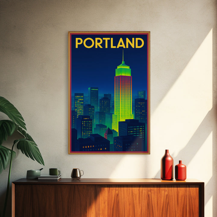 Portland Travel Poster, Framed Canvas Print, Cyberpunk Style City Art, Portland Wall Art, Fine Art Print, Watercolor Skyline
