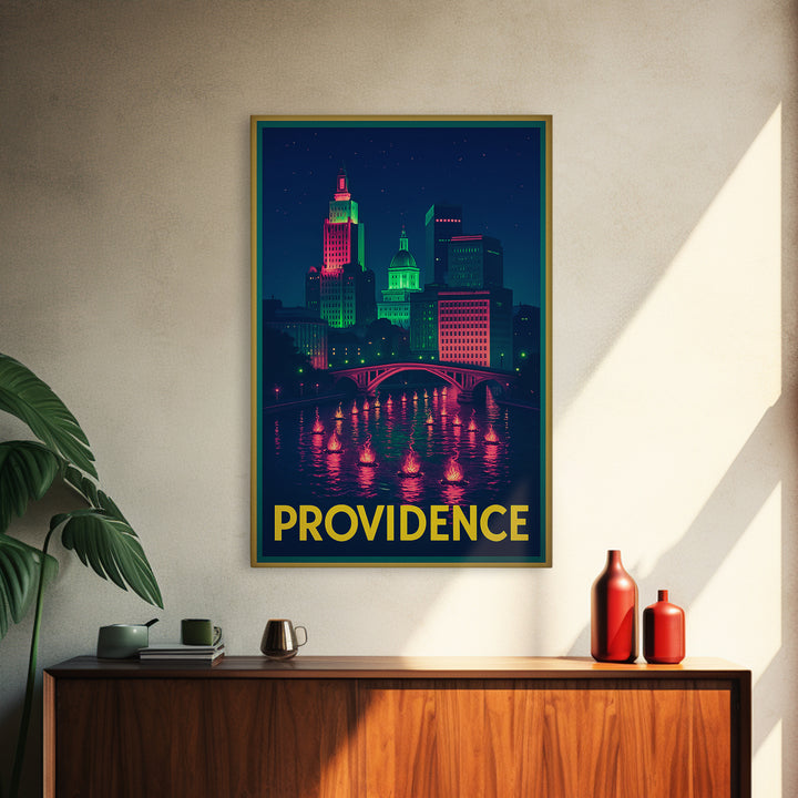 Providence Rhode Island Travel Poster, Canvas Print, Retro Neon Travel Art, Providence Travel Art, Travel Art Print, Vintage Travel Print
