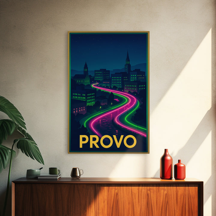 Provo Utah Travel Poster, Canvas Print, Neon Downtown Skyline Wall Art, Provo Wall Art, City Illustration, Gift For Travelers, Wall Art