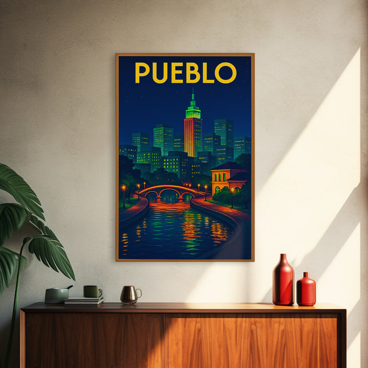 Pueblo Travel Poster, Canvas Print, Retro Neon Travel Art, Pueblo Wall Art, Travel Art Print, Travel Poster Art, Eclectic Wall Decor