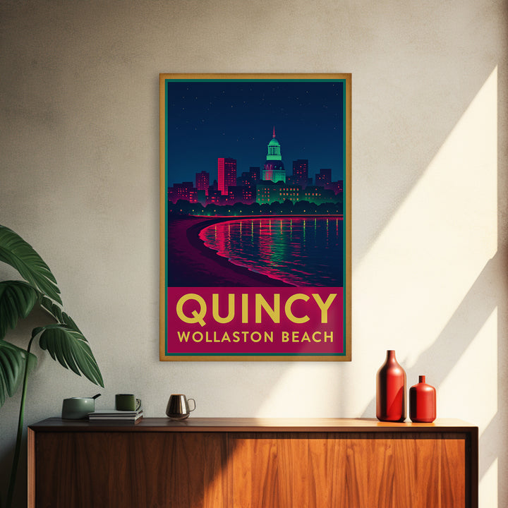 Quincy Massachusetts Travel Poster, Canvas Print, Retro Neon Travel Art, Quincy Travel Art, Travel Wall Decor, Home Office Decor, Art Print
