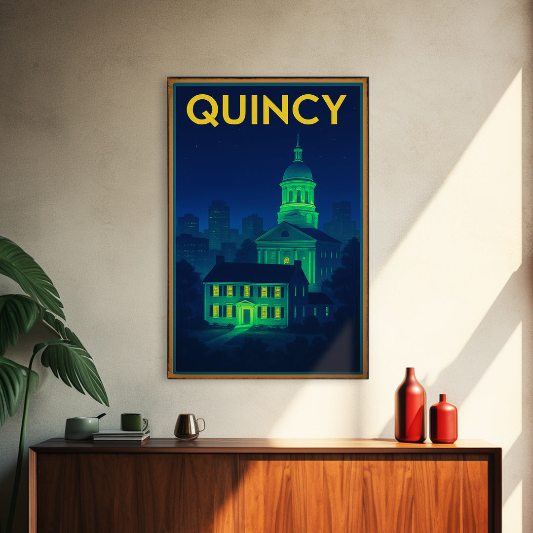 Quincy Travel Poster, Canvas Print, Neon Urban Skyline Wall Art, Quincy Wall Art, Modern Wall Decor, Fine Art Print, Living Room Wall Art