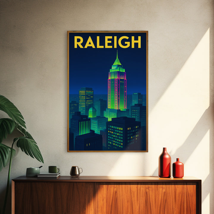 Raleigh Travel Poster, Framed Canvas Print, Retro Neon Travel Art, Raleigh Travel Art, Travel Poster Set, Gift For Travelers, Home Decor