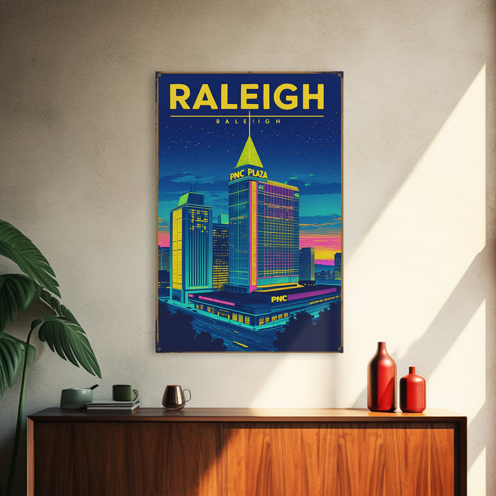 Raleigh Travel Poster, Framed Canvas Print, Electric Night Poster Art, Raleigh Art Print, Vintage Travel Art, City Illustration