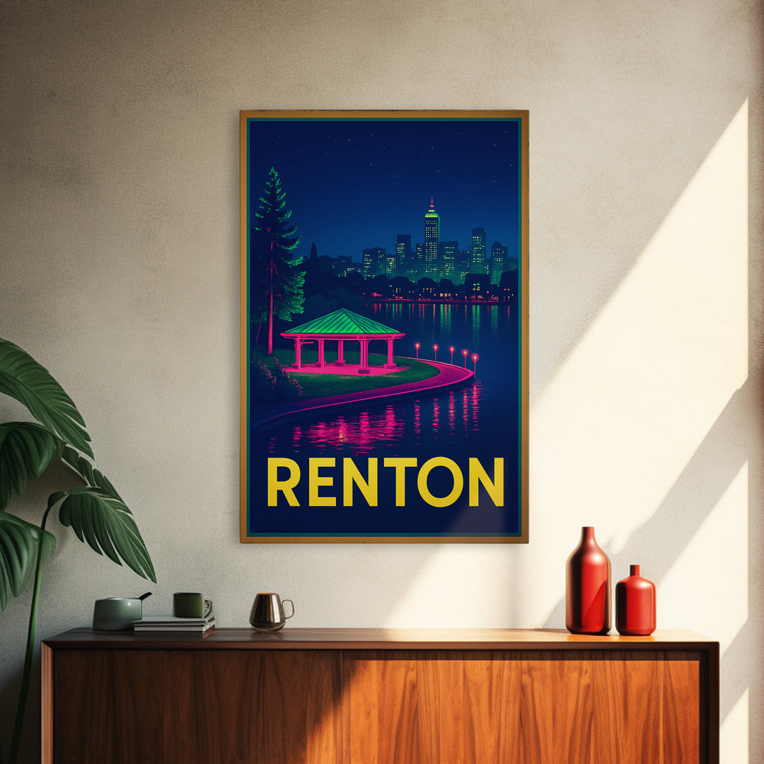 Renton Washington Travel Poster, Canvas Print, Neon Downtown Skyline Wall Art, Renton Travel Art, Travel Prints, Wanderlust Decor, Art Print