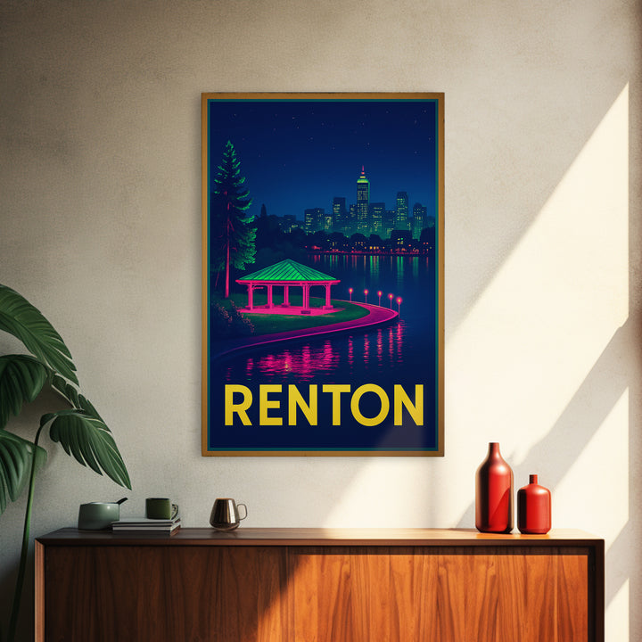 Renton Washington Travel Poster, Canvas Print, Neon Downtown Skyline Wall Art, Renton Travel Art, Travel Prints, Wanderlust Decor, Art Print