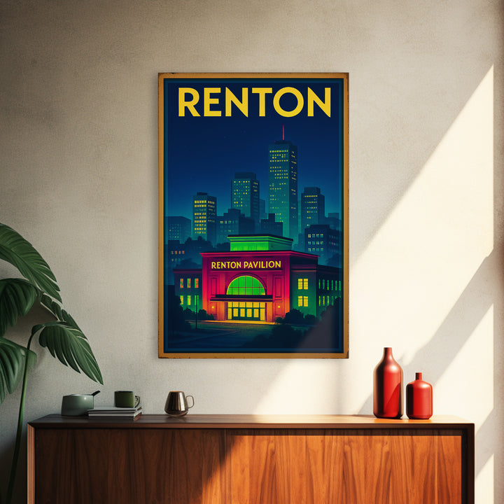 Renton Travel Poster, Canvas Print, Electric Night Poster Art, Renton Art Print, Living Room Wall Art, Vintage City Art, Fine Art Print