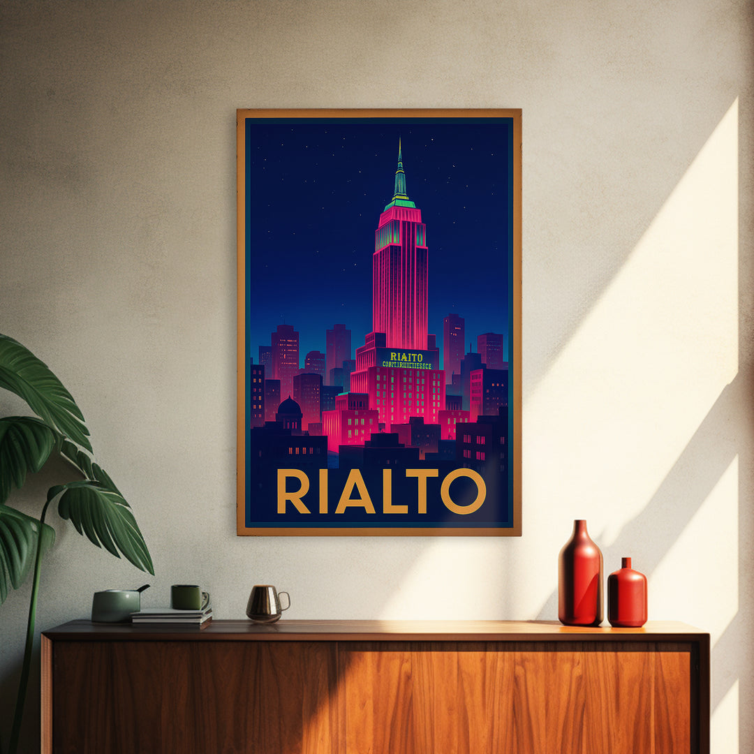 Rialto California Travel Poster, Canvas Print, Electric Night Poster Art, Rialto Wall Art, Travel Art, Travel Print, Wanderlust Decor