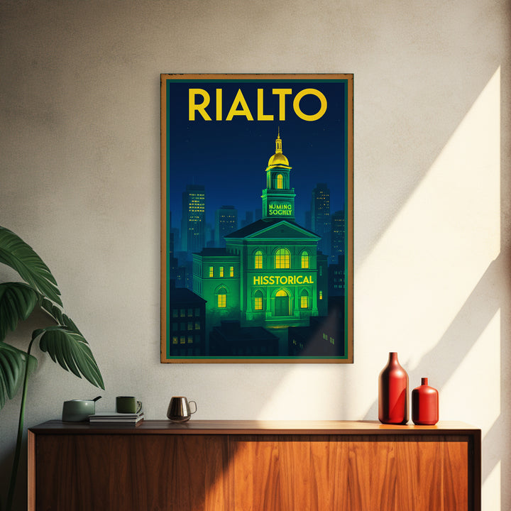 Rialto Travel Poster, Canvas Print, Electric Night Poster Art, Rialto City Art, Gift For Travelers, Vintage City Poster, Travel Art Print