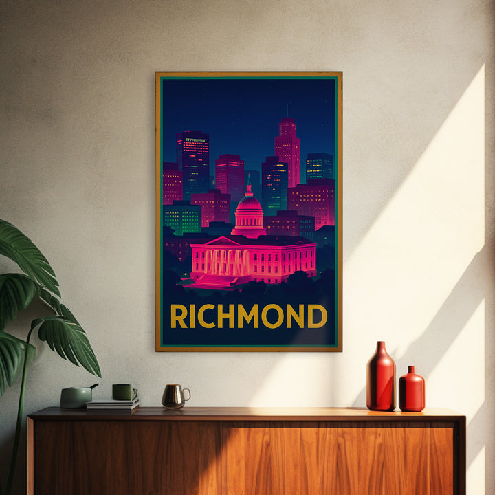 Richmond Travel Poster, Canvas Print, Neon Cityscape Wall Art, Richmond Art Print, Travel Wall Decor, Travel Wall Art, City Illustration