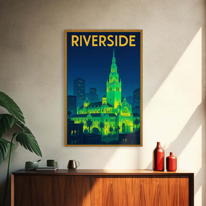 Riverside Travel Poster, Canvas Print, Neon City Skyline Wall Art, Riverside City Art, Living Room Wall Art, Eclectic Wall Decor, Wall Art