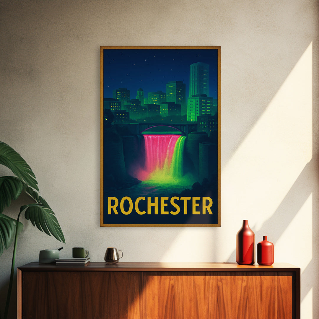 Rochester New York Travel Poster, Framed Canvas Print, Retro Neon Travel Art, Rochester Art Print, Mid Century Wall Art, Eclectic Wall Decor