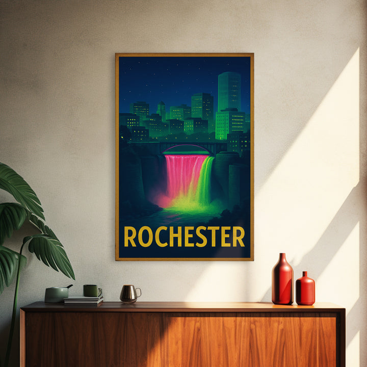 Rochester New York Travel Poster, Framed Canvas Print, Retro Neon Travel Art, Rochester Art Print, Mid Century Wall Art, Eclectic Wall Decor