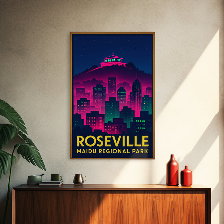 Roseville California Travel Poster, Framed Canvas Print, Neon Skyline Wall Art, Roseville Travel Art, Eclectic Wall Decor, Travel Wall Decor