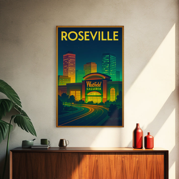 Roseville Travel Poster, Framed Canvas Print, Neon Skyline Art Wall Art, Roseville Poster Print, Home Office Decor, City Illustration