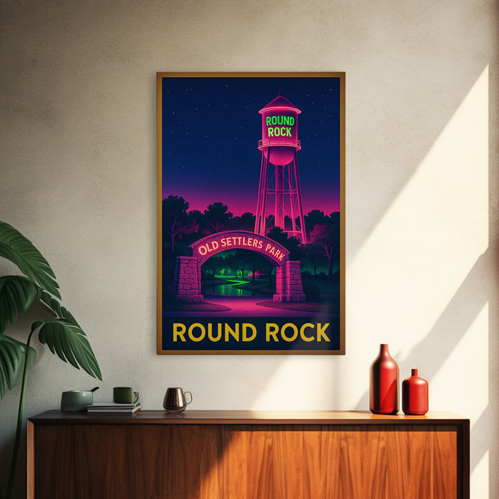 Round Rock Texas Travel Poster, Canvas Print, Electric Night Poster Art, Round Rock City Art, Watercolor Downtown Skyline, Travel Poster Art
