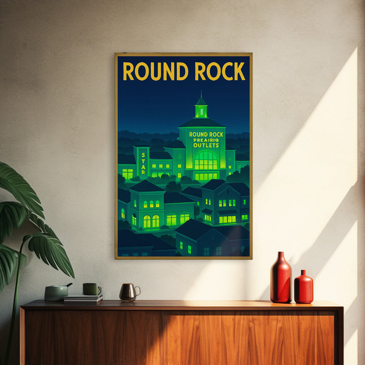 Round Rock Travel Poster, Canvas Print, Neon Downtown Skyline Wall Art, Round Rock Wall Art, Retro Travel Print, Art Print, Travel Prints