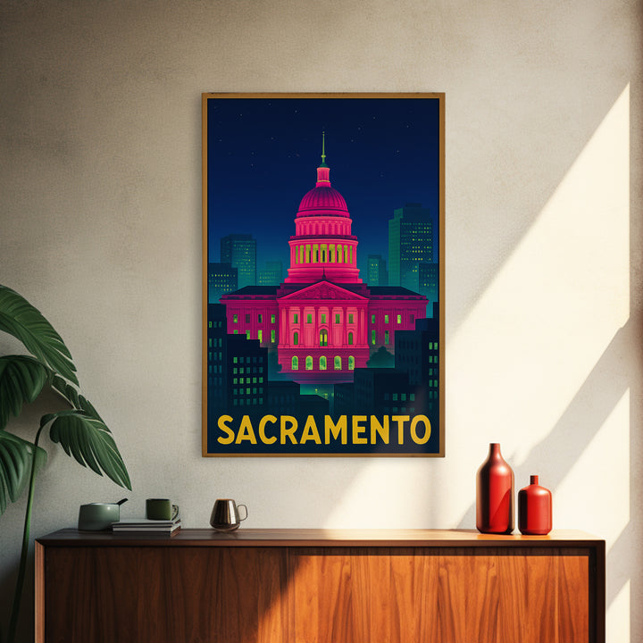 Sacramento California Travel Poster, Canvas Print, Electric Night Poster Art, Sacramento Wall Art, Vintage Travel Art, Living Room Wall Art