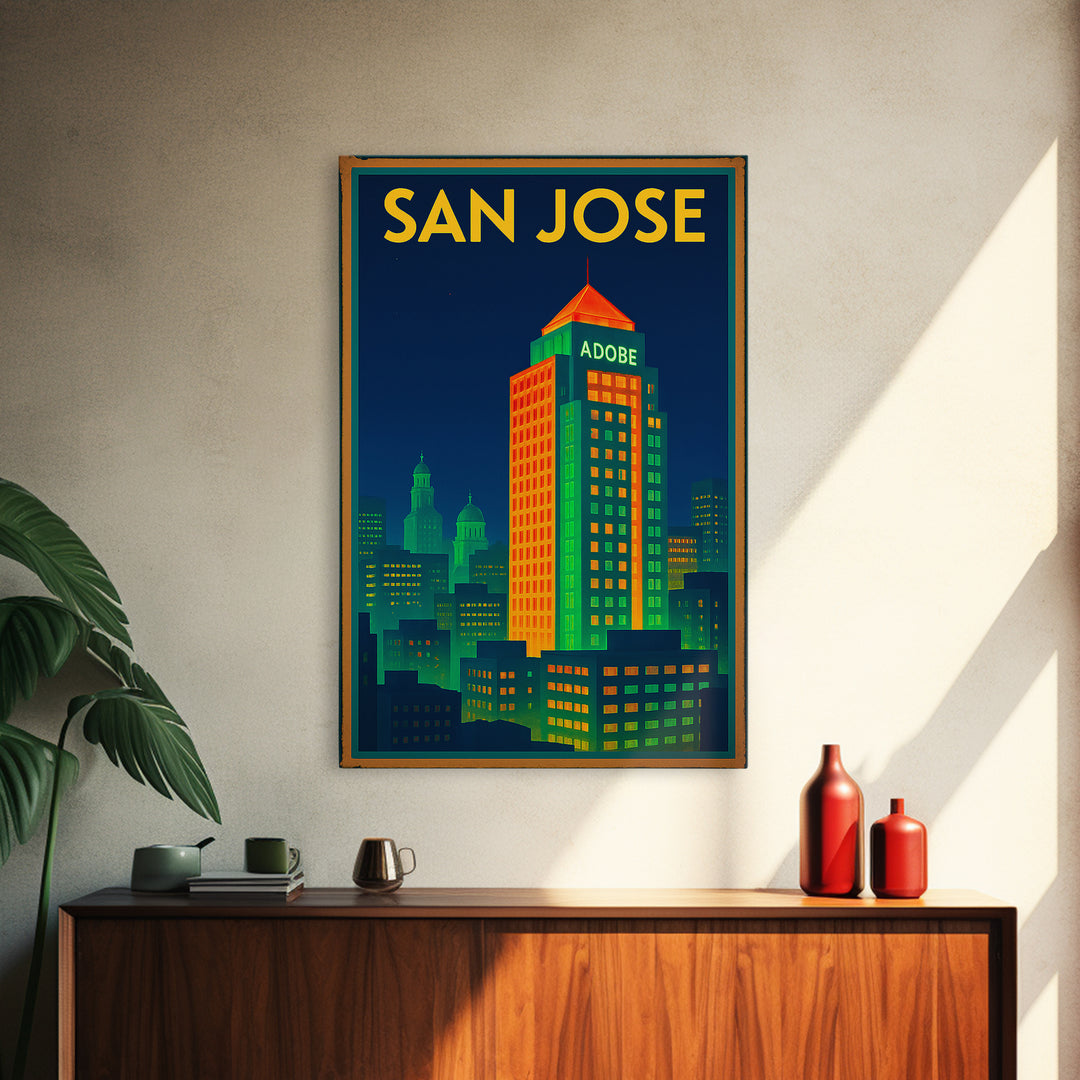 San Jose California Travel Poster, Framed Canvas Print, Cyberpunk Style City Art, San Jose Art Print, Wanderlust Decor, Travel Poster Set