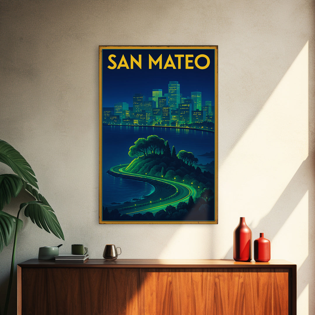 San Mateo Travel Poster, Framed Canvas Print, Electric Night Poster Art, San Mateo Wall Art, Vintage Travel Print, Vintage City Art